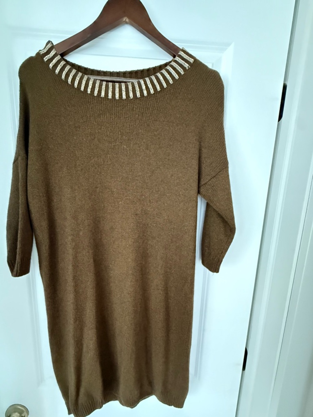 French Connection SZ 2 Olive-Brown Knit 3/4-Sleeve Dress with Gold Metallic Trim